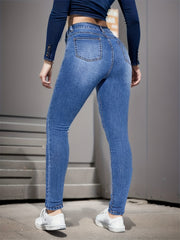 Stretchy Whiskering Skinny Jeans Medium High Rise Slash Pocket Denim Pants