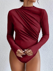 Ruched Bodysuit Mock Neck Long Sleeve Stretchy Solid Skinny One Piece