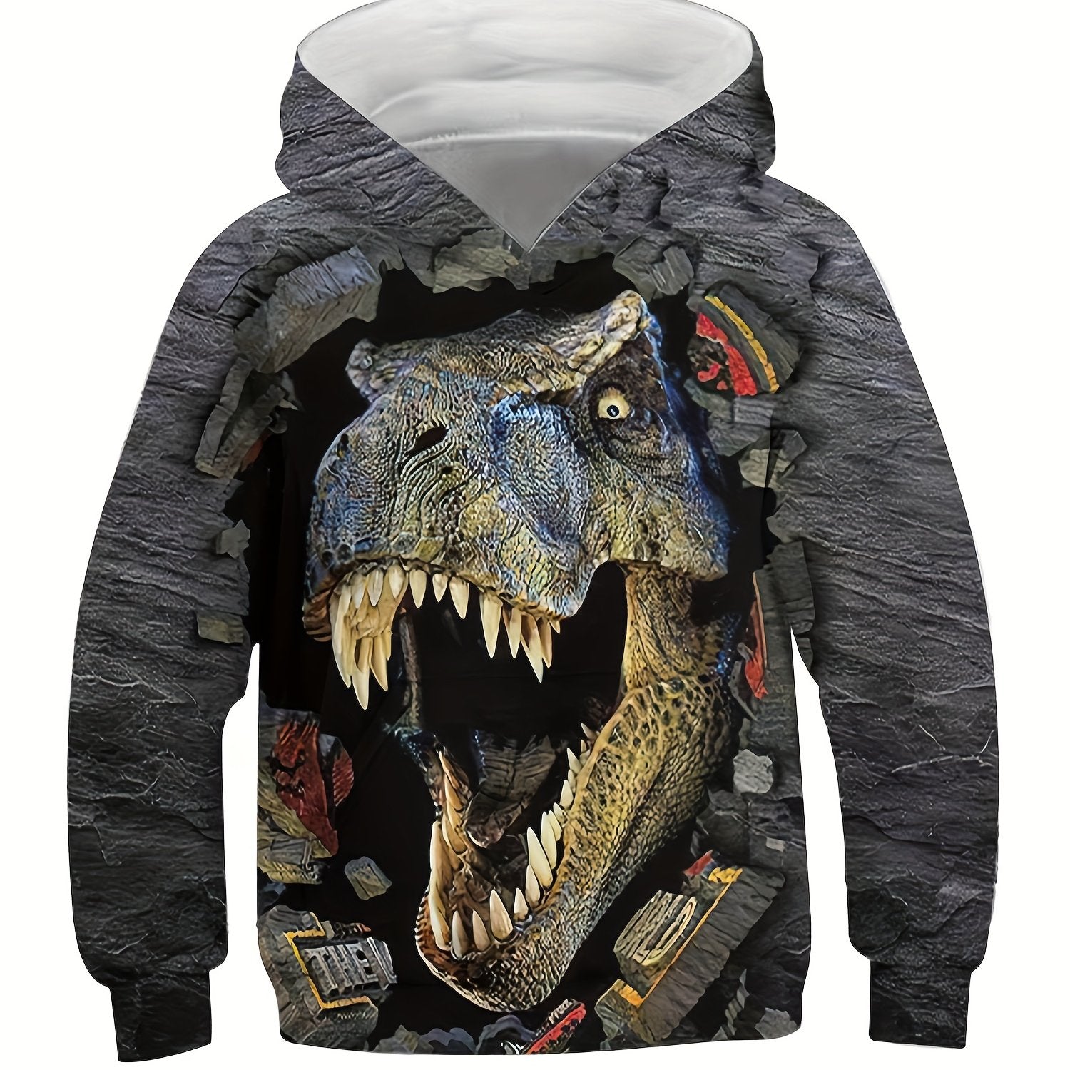 3D Dinosaur & Broken Brick Print Kid's Hoodie Pullover for Spring Fall Winter