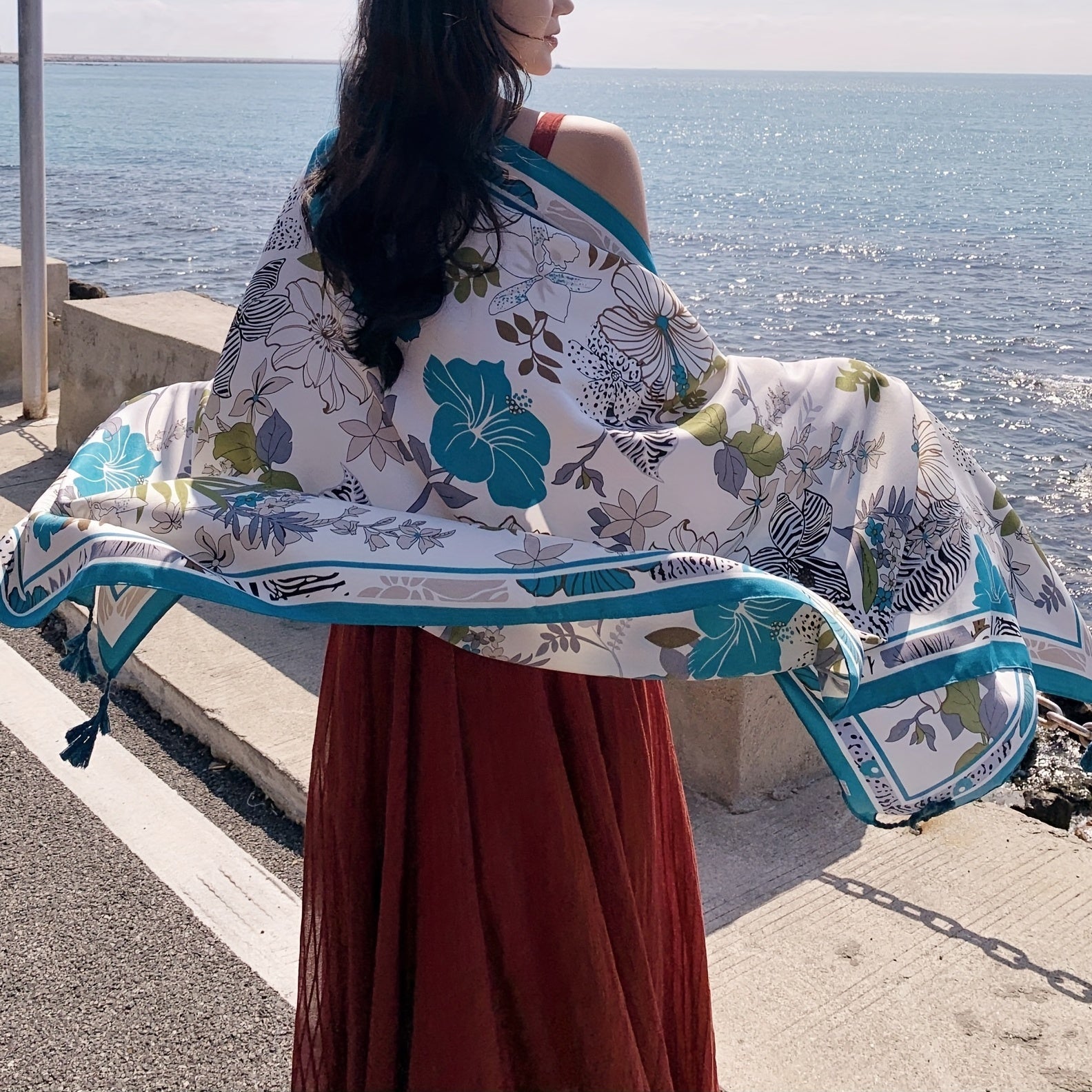 Flower Print Oversized Scarf Boho Tassel Shawl