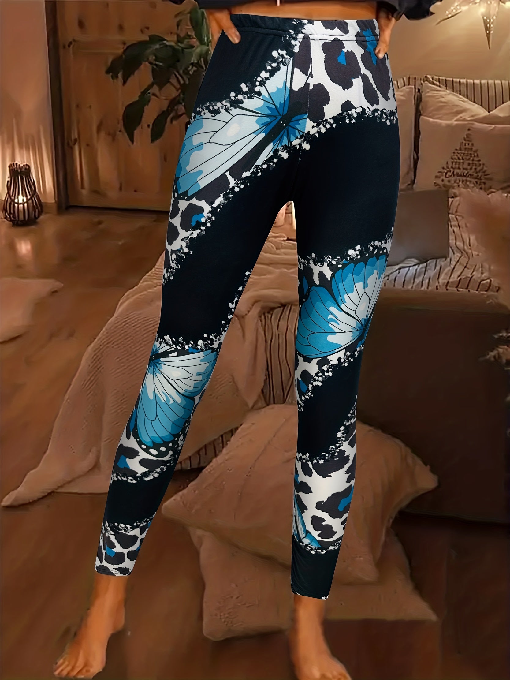 Butterfly & Leopard Print Skinny Leggings High Waist Stretchy Leggings