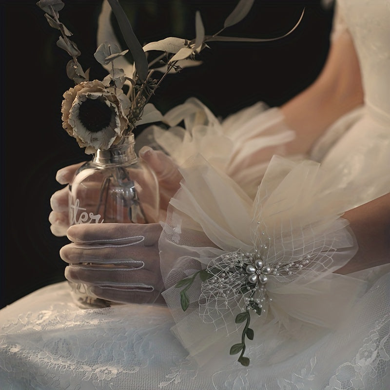 Lace Transparent Gloves Faux Pearl Green Leaves Decorative Wedding Bridal Gloves