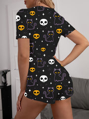 Cat & Skull Print Pajama Romper Short Sleeve V Neck Buttons Pajamas