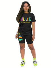 Letter Print Casual T shirt & High Waist Shorts Set