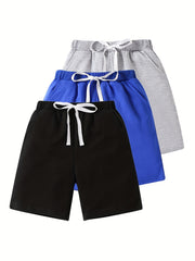3pcs Boys Solid Cotton Shorts Quick drying Drawstring Shorts