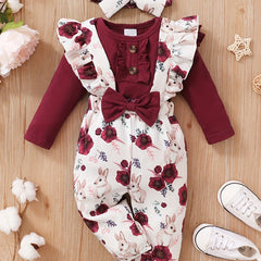 Cotton Baby Girl's 3pc Set Romper Ruffle Overalls Headscarves