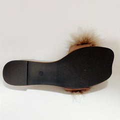 Women's Faux Fur Slippers Square Open Toe Slip On Shoes