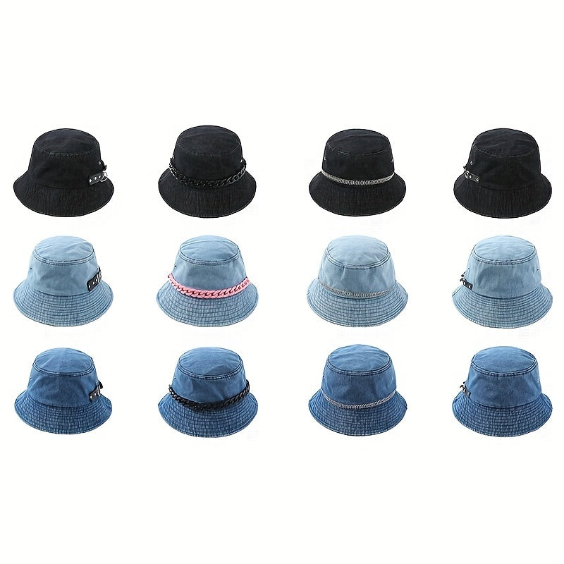Y2K Denim Bucket Hat Washed Packable Basin Hat Chain Decor Casual Sunscreen