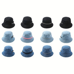 Y2K Denim Bucket Hat Washed Packable Basin Hat Chain Decor Casual Sunscreen