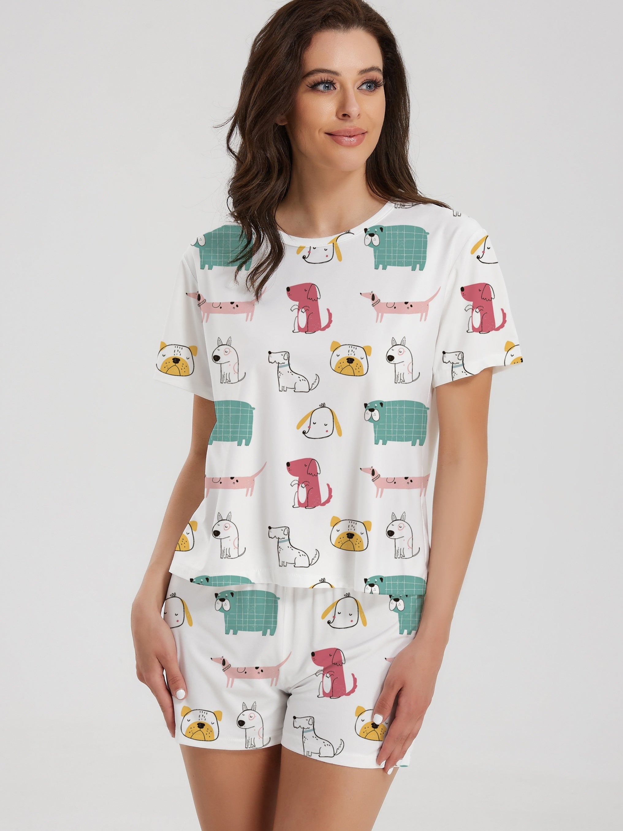 Cartoon Dog Print Lounge Set Short Sleeve Top & Shorts Women's Loungewear