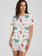 Cartoon Dog Print Lounge Set Short Sleeve Top & Shorts Women's Loungewear