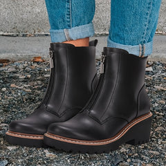 Women's Chunky Heel Ankle Boots Front Zipper Outdoor Non Slip Boots
