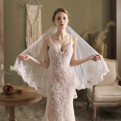 Double Layer Head Veil With Comb Floral Lace Edge Wedding Bridal Hair Accessorie