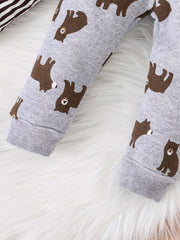 3pcs Boys Bear Print Bodysuit & Sweatshirt & Pants Set for Fall Winter