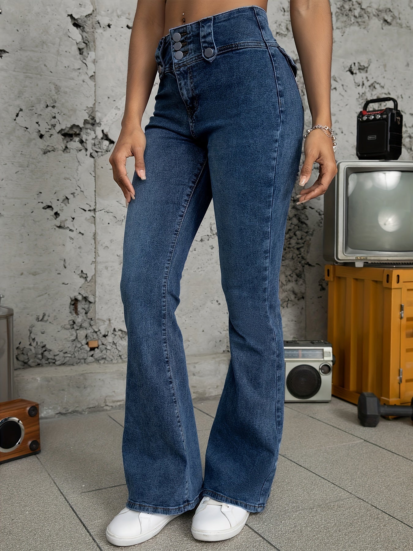 High Waist Flared Jeans Bell Bottom Wide Legs High Stretch