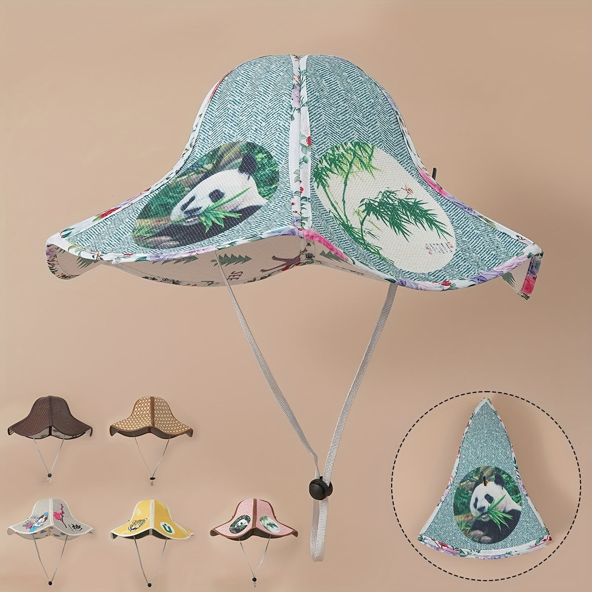Panda Print Sun Hat Foldable Wide Brim Straw Hat