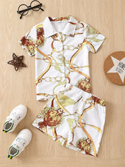 Boys 2pcs Metal Chain Print Outfit Short Sleeves Button Down Shirt & Shorts