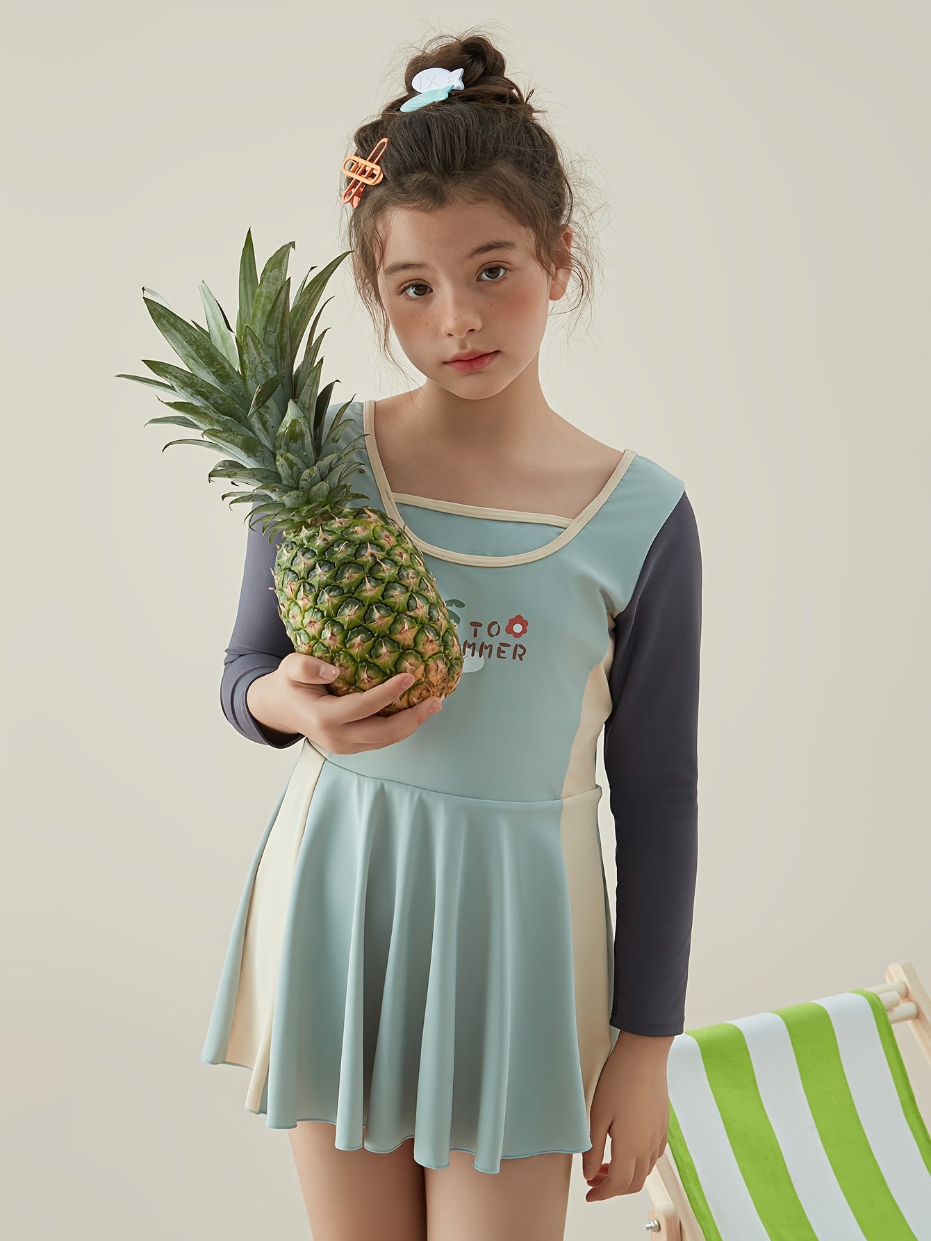 Girls Splicing Long Sleeve 1pc Swimwear Bathing Suit
