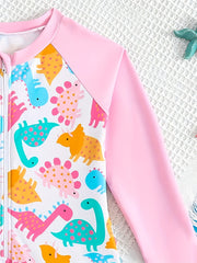 Girls Dino Print Long Sleeve Swimsuit Beach Surfing