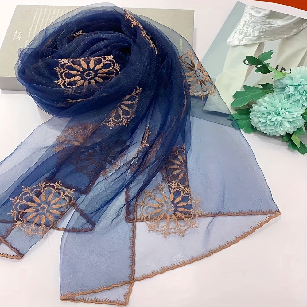 Breathable Organza Scarf Flower Embroidery Shawl Head Wrap Sunscreen