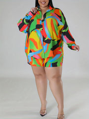 Colorblock Button Up Blouse & Shorts Set