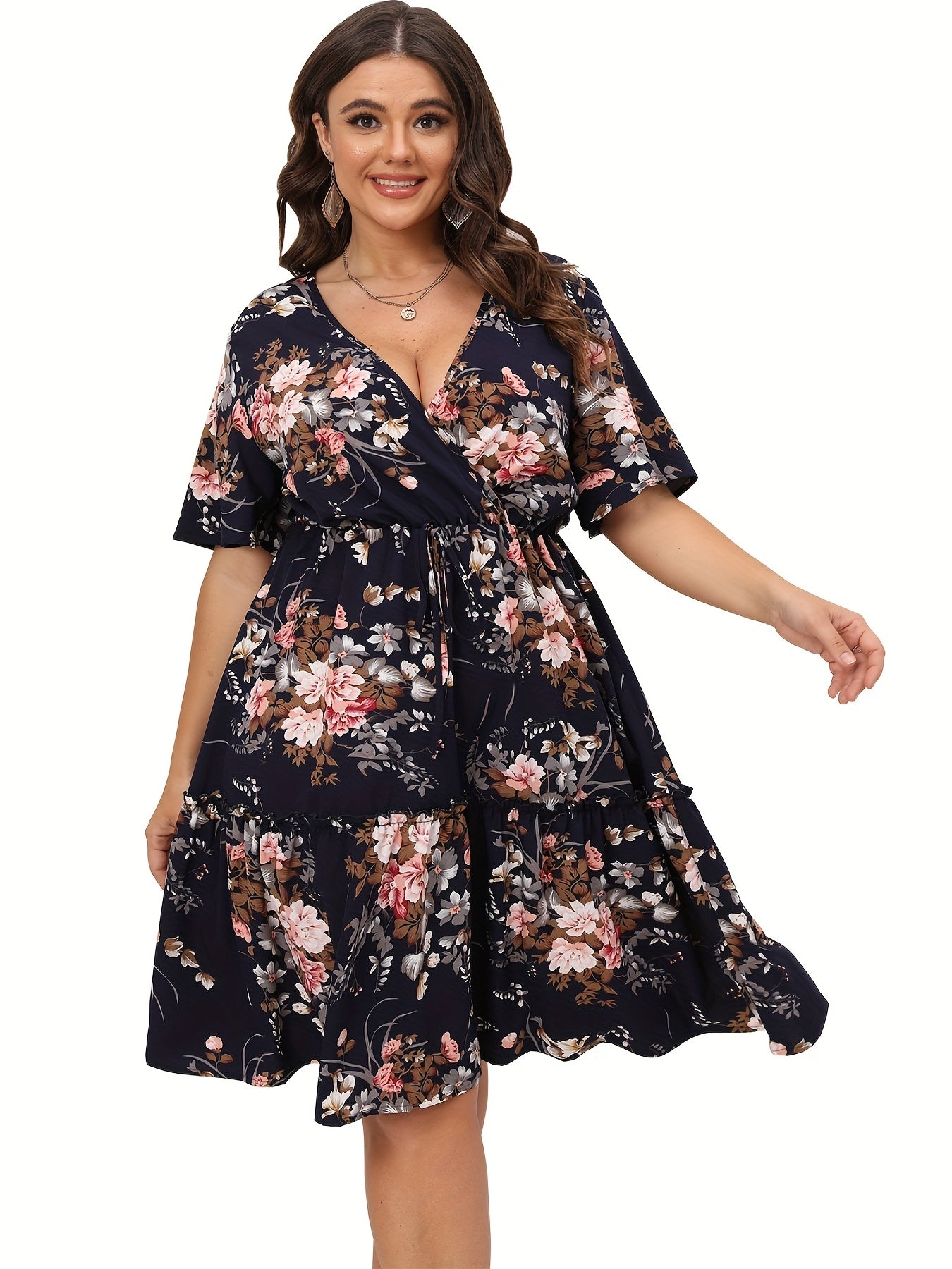 Floral Print Surplice Neck Midi Wrap Dress