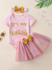 3pcs Baby Girls 1st Birthday Onesie Romper & Skirt Set