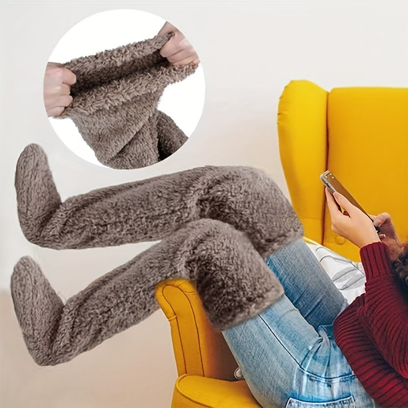 Solid Fuzzy Thigh High Socks Warm Over The Knee Socks Women's Stockings