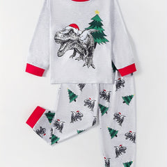 Boys 2pcs Dino & Xmas Tree Print Pajama Set Long Sleeve Top & Pants