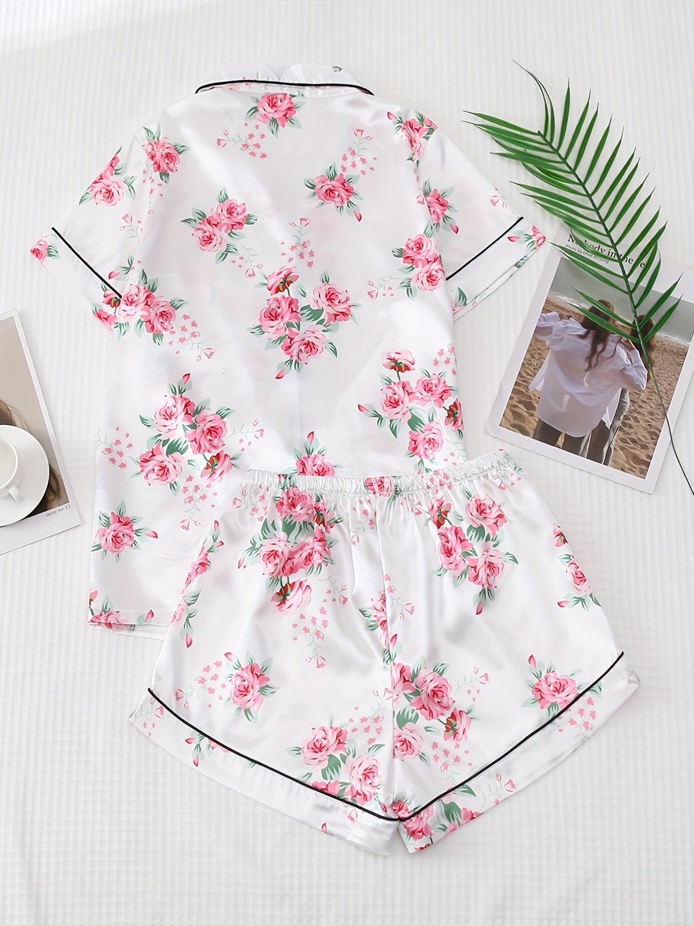 Floral Print Pajama Set Short Sleeve Top & Bow Shorts
