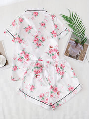Floral Print Pajama Set Short Sleeve Top & Bow Shorts