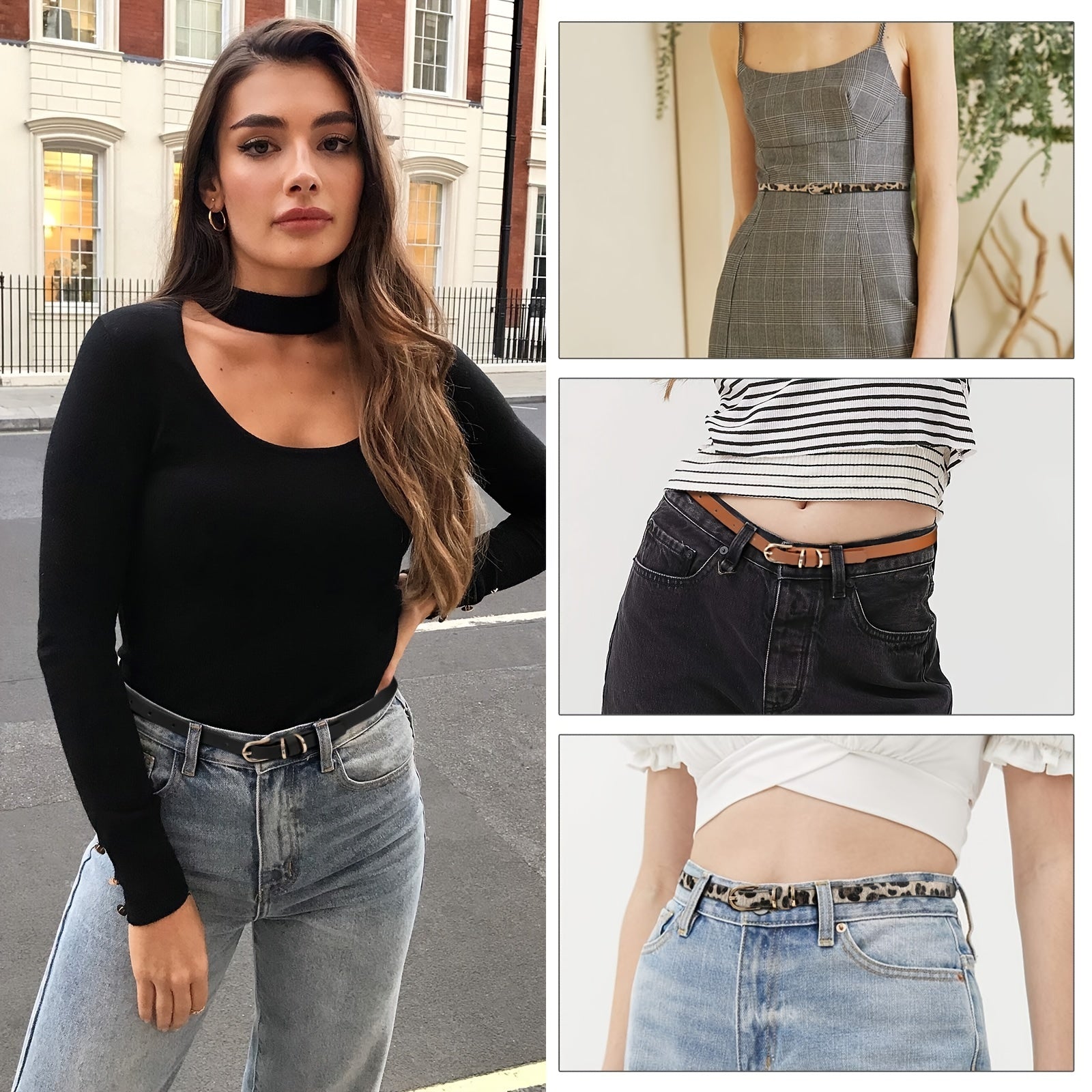 Women Faux Leather Skinny Thin Belt For Jeans Solid Metal Buckle Waist