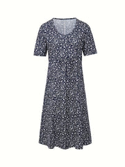 Floral Print Short Sleeve Round Neck Dress With Pockets