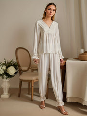 Lace Trim Pajama Set Long Sleeve V Neck Top Comfy Pants Women's Sleepwear