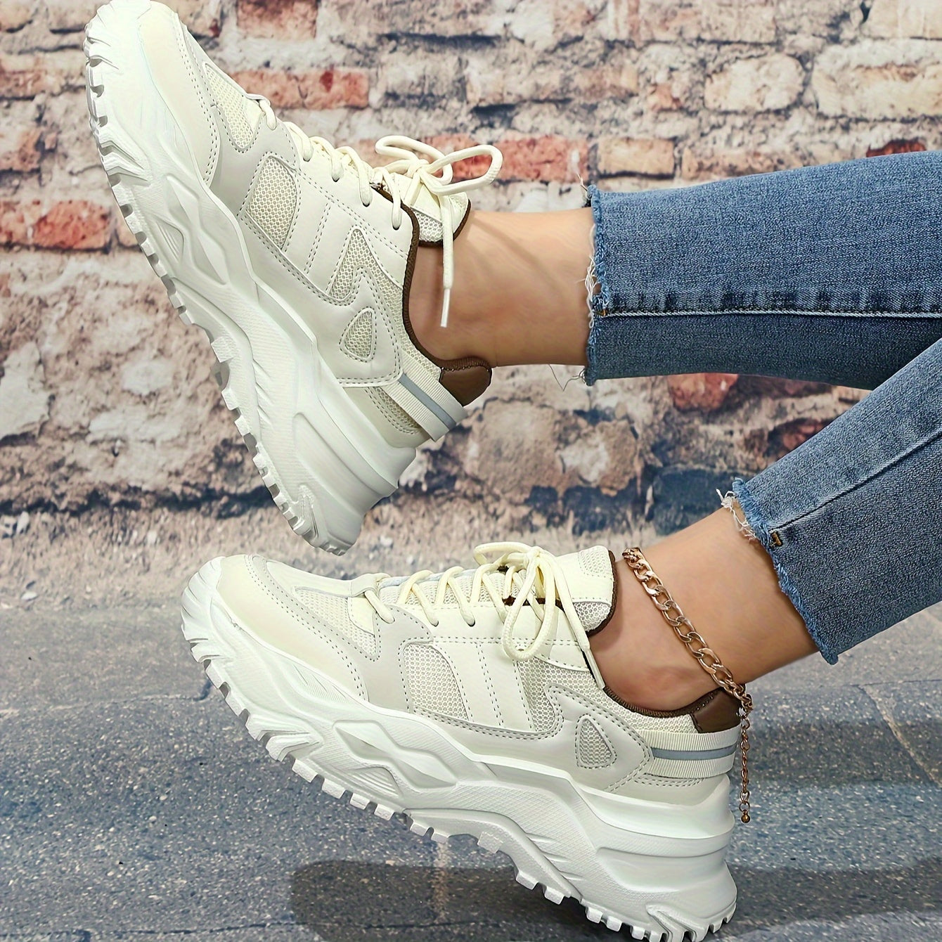 Faux Leather Chunky Sneakers Shock Absorption Running Shoes