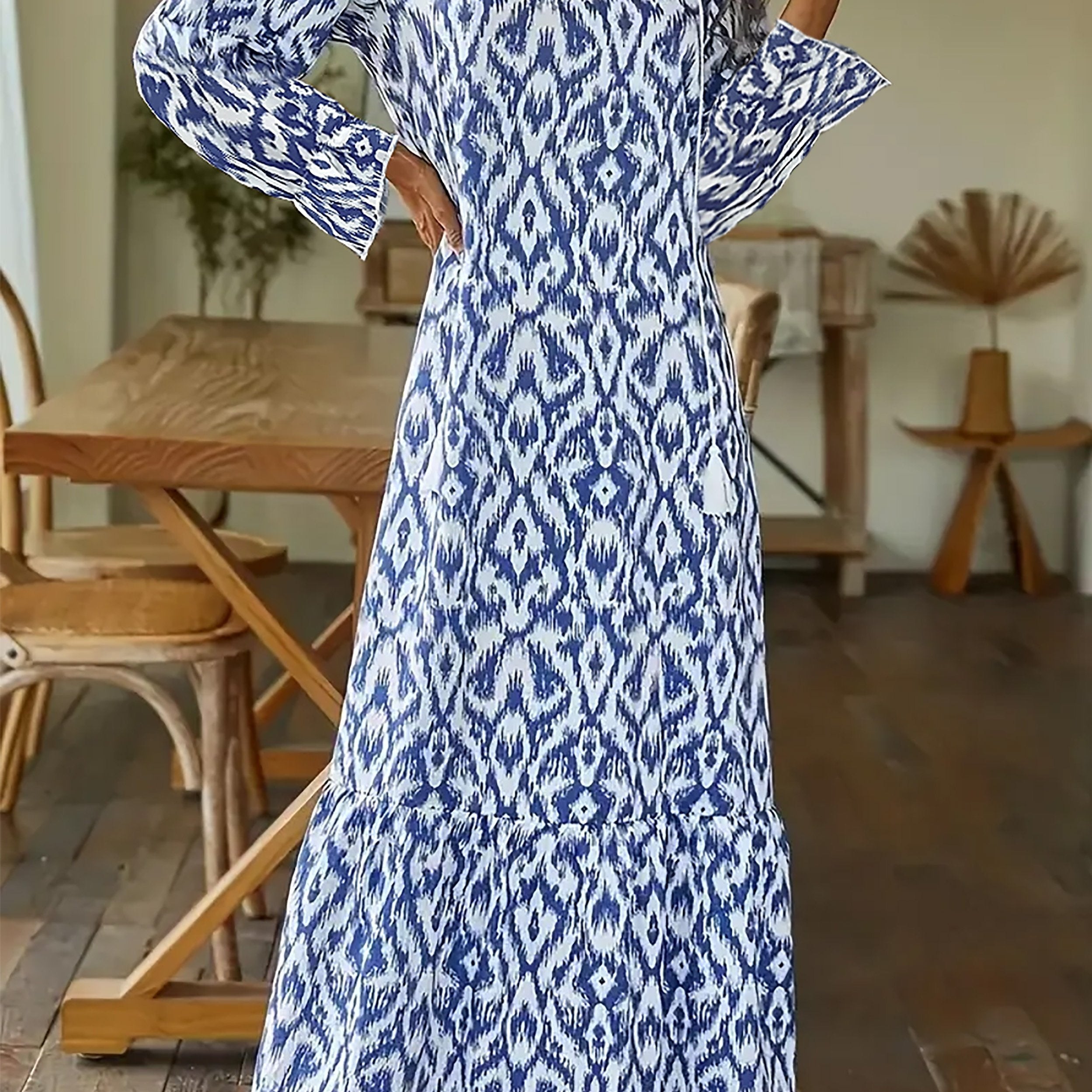 Boho Maxi Dress V Neck Ruffle Trim Pleated