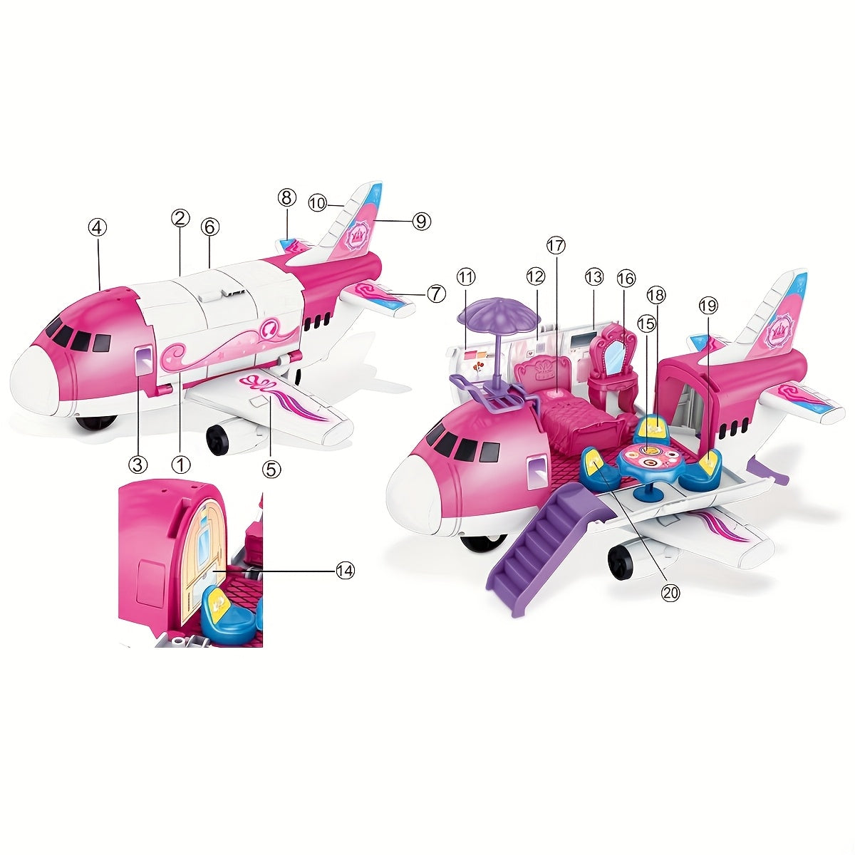Princess Airplane Playset for Kids Pink with Accessories Furniture and Dolls