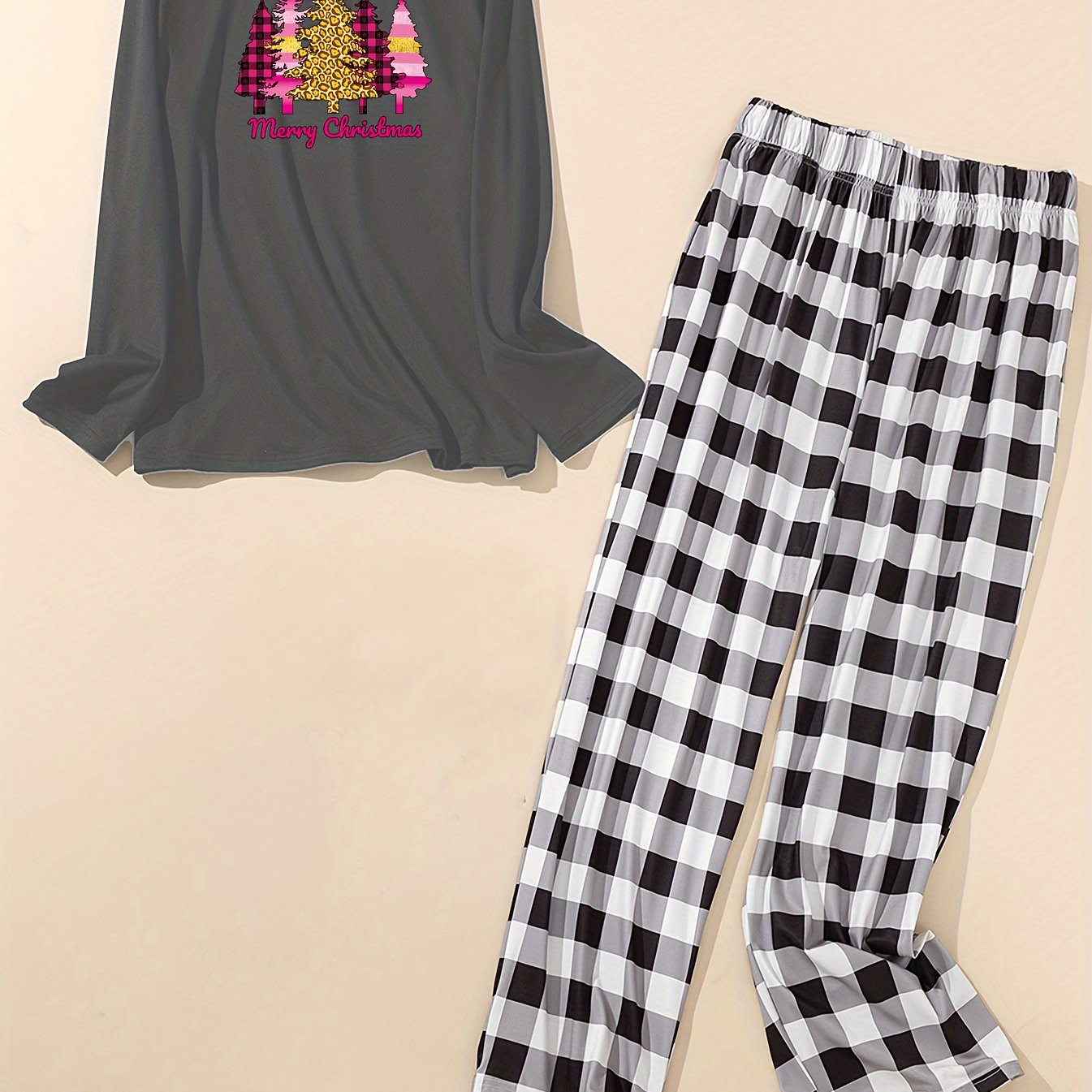 Christmas Lounge Set: Colorful Tree Print Tee & Plaid Pants Pajamas