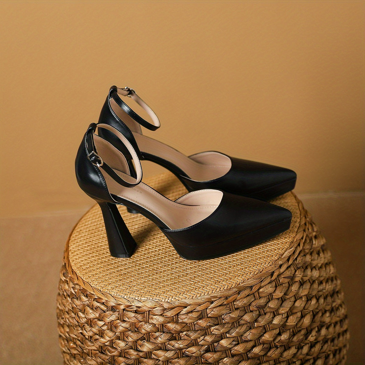 Solid Block Heels Point Toe Dress Pumps with Buckle Strap