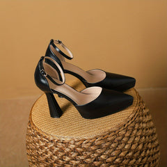 Solid Block Heels Point Toe Dress Pumps with Buckle Strap