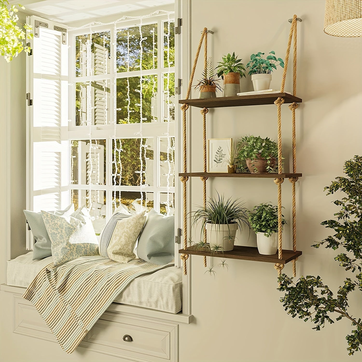 3 Tier Hanging Wall Shelves Swing Rope Floating Shelf