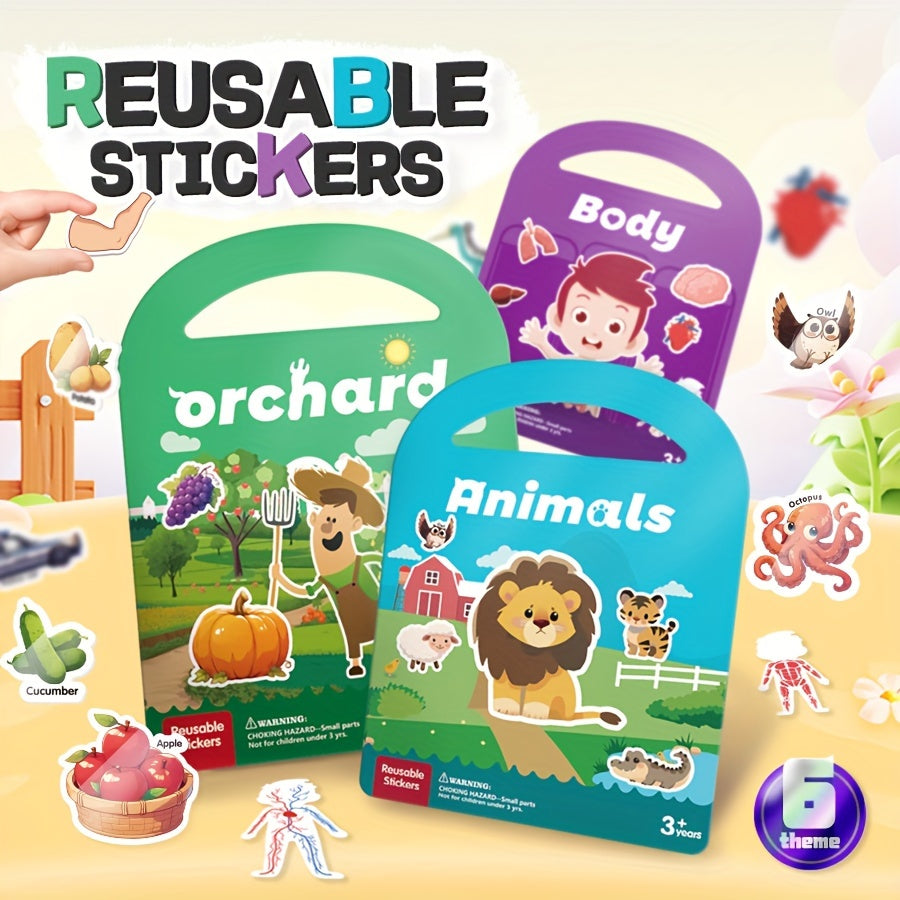 Reusable Sticker Book for Kids - 6 Themes, Animals, Fruits, Easy Peel & Stick