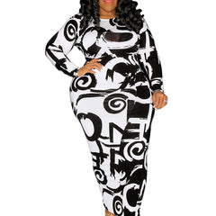 Random Print Long Sleeve Bodycon Dress Women's Plus Size