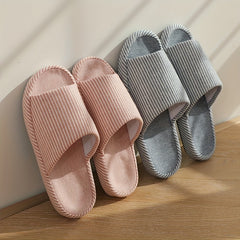 Women's Striped Home Slippers Soft Open Toe Flat Mute Shoes