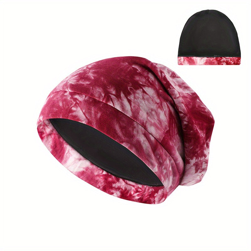Tie Dye Print Soft Beanie Satin Lined Elastic Bonnet Sleeping Night Cap