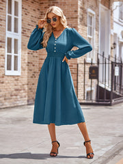 V Neck Button Decor Long Sleeve Dress Spring & Summer Women's Clothing
