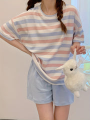 Striped Pajama Set Crew Neck Top & Shorts Women's Sleepwear & Loungewear