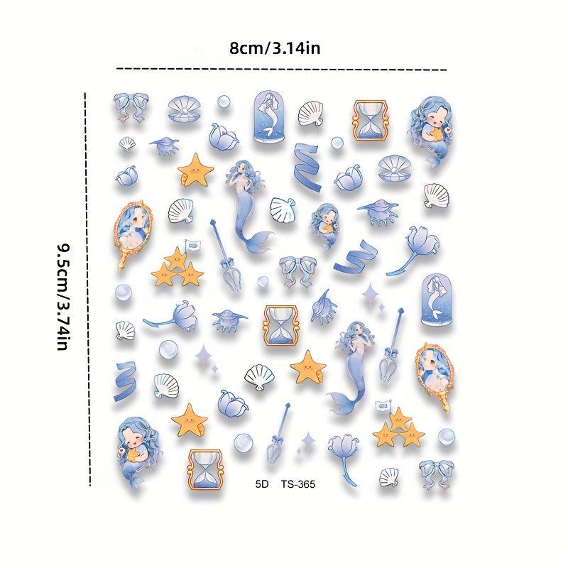 5D Embossed Mermaid Nail Art Stickers Self Adhesive Shell Decals