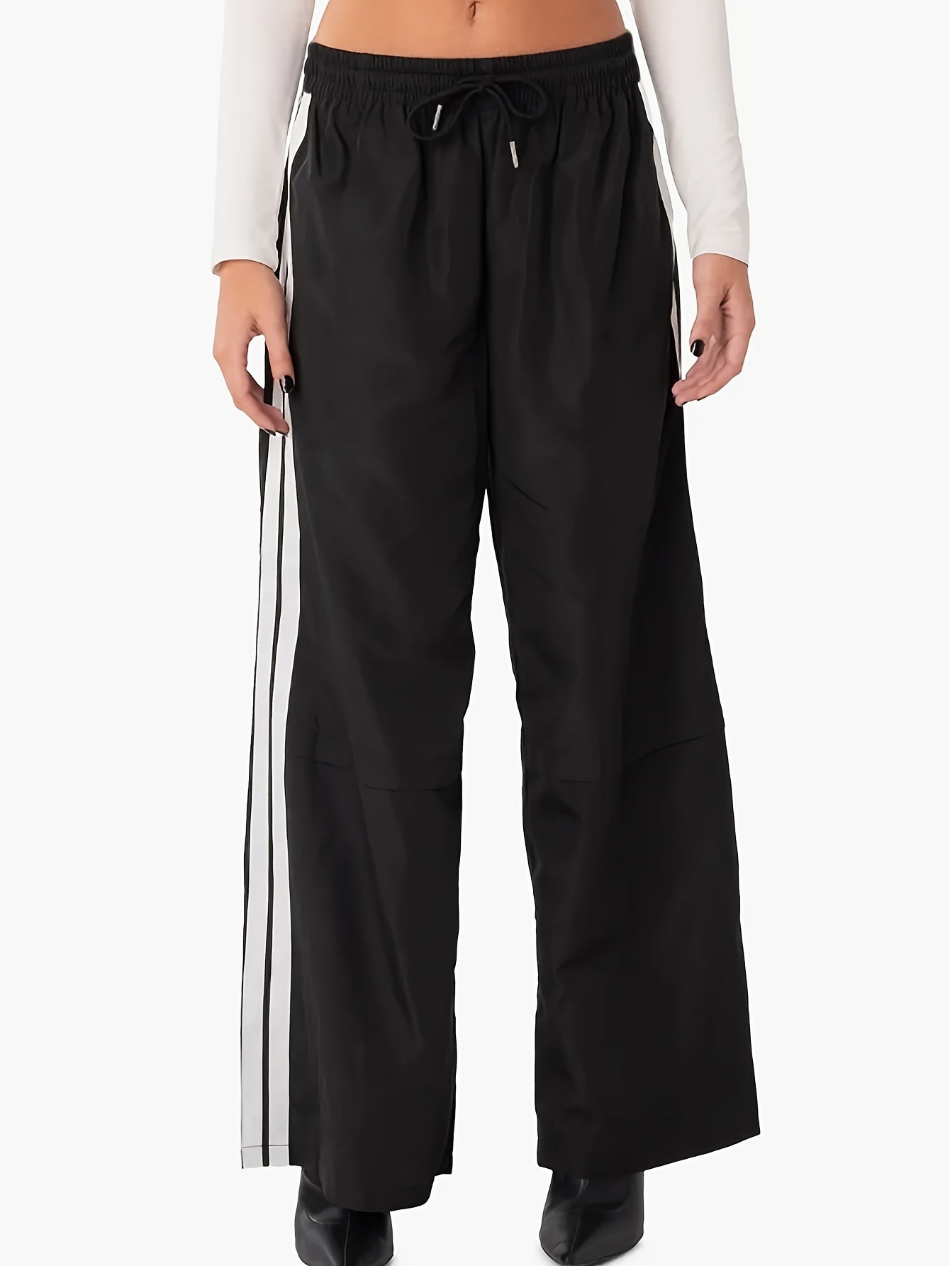 Block Stripes Side Loose Pants Elastic Waist Casual Running Pants