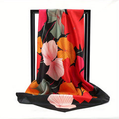 Lotus Print Satin Bandana Square Scarf Silk Shawl Hijab Women Sunscreen Headwrap
